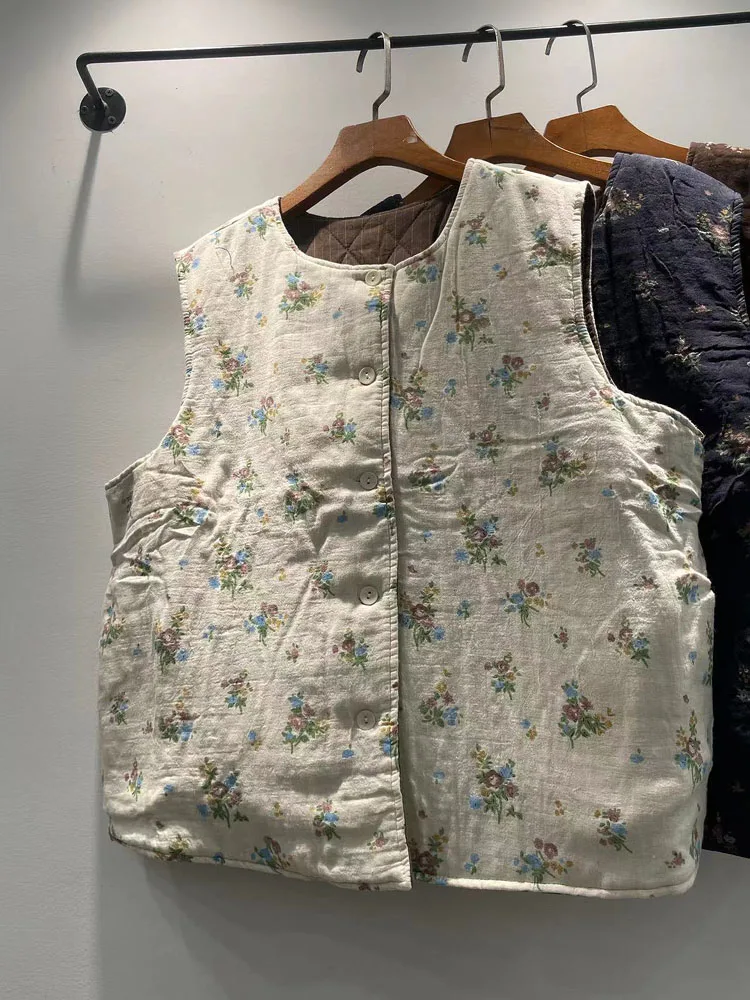 Chaleco de algodón Thiened para mujer de invierno con estampado Floral versátil Jaet redondo Ne cierre de un solo botón algodón 00% Faionable