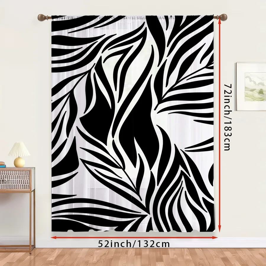 1PC Sheer Curtain Black White Tropical Leaf Abstract Print, Rod Pocket Window Curtain for Living Room Modern Decor