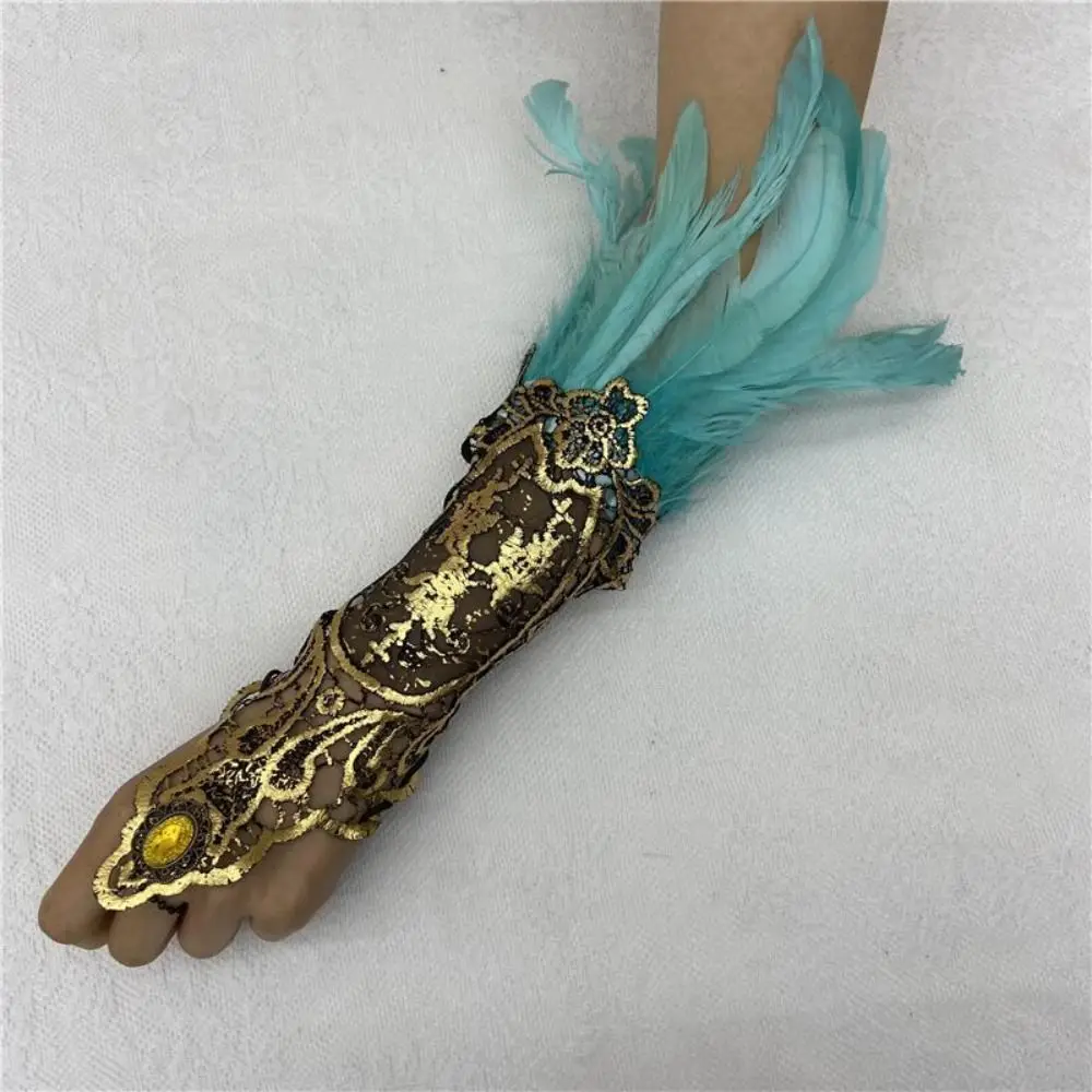 Costume Witch Halloween Feather Gloves Embroidery Gothic Halloween Feather Cuffs Dark Retro Women Feather Lace Glove Festival