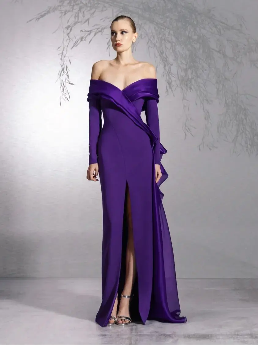 

Elegant stretch fabric breeze satin train back zipper formal evening gown women wedding party dress purple off shoulder Saudi Ar