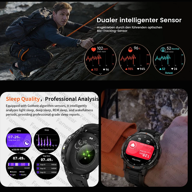 Fanwear New military outdoor rugged men's smart watch 1600mAh battery outdoor GPS LED flashlight waterproof Bluetooth call healt - view 6