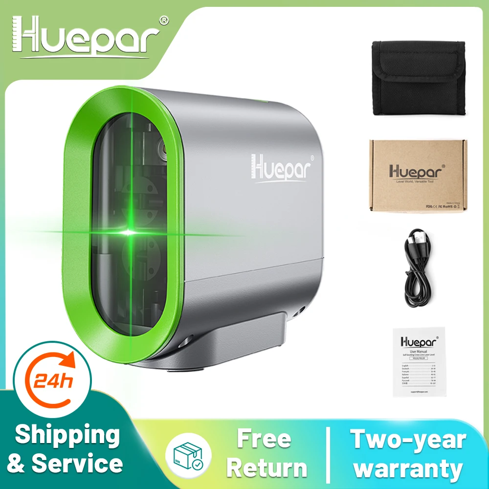 Huepar-Nivel láser autonivelante de 2 líneas, batería de iones de litio recargable, haz verde, línea cruzada con modo de pulso y trípode, herramienta láser