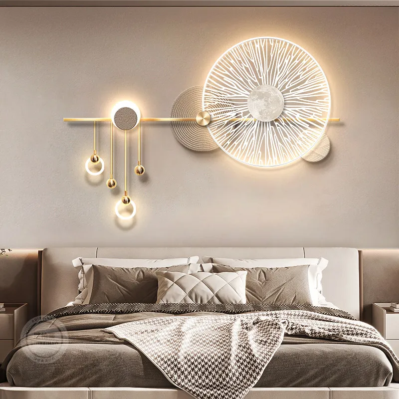 Light luxury bedroom with painting style minimalist background wall layout, new high-end bedside decoration wall lamp