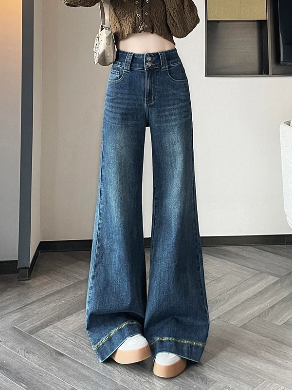 

Retro Wide Leg Denim Jeans Women Loose Fit High Waist Zipper Closure Casual Straight Leg Pants Spring Autumn New Arrival