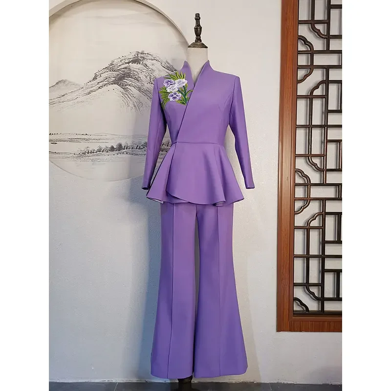 Women's High End Pants Suit Blazers Embroidery Elegant Formal Suits 2 Pieces Women's Sets Purple color Can be customized Clothes