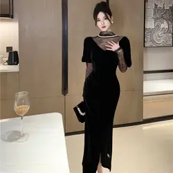 Pure Desire and Sexy Lace Patchwork Long Sleeved Dress Autumn and Winter New Style Slim Fit and Slimming Split Hip Long Skirt