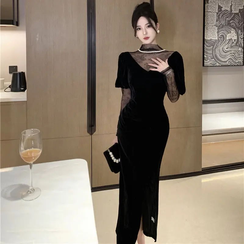 Pure Desire and Sexy Lace Patchwork Long Sleeved Dress Autumn and Winter New Style Slim Fit and Slimming Split Hip Long Skirt