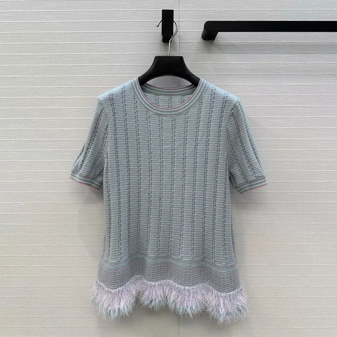 

Синий клетчатый вязаный крючком перья в стиле пэчворк, милый винтажный вязаный пуловер, женский облегающий повседневный милый свитер с круглым вырезом и короткими рукавами