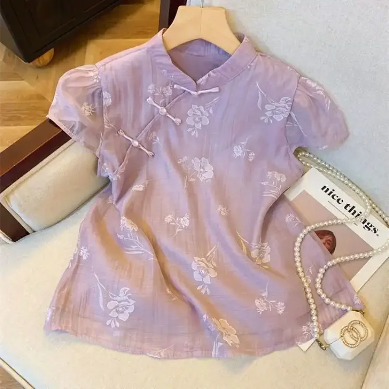 Summer Women's Purple Floral Print Qipao Blouse Short Sleeve Cheongsam Top With Frog Buttons Casual Linen Blend Shirt