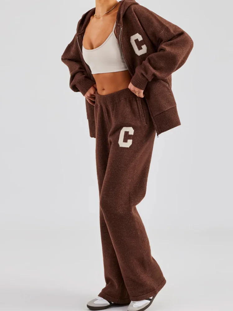 رسالة نمط متماسكة سترة بنطلون سيدة مجموعة مقنعين سستة جاكيتات عالية الخصر مستقيم السراويل الطويلة مجموعات المرأة عادية تنوعا