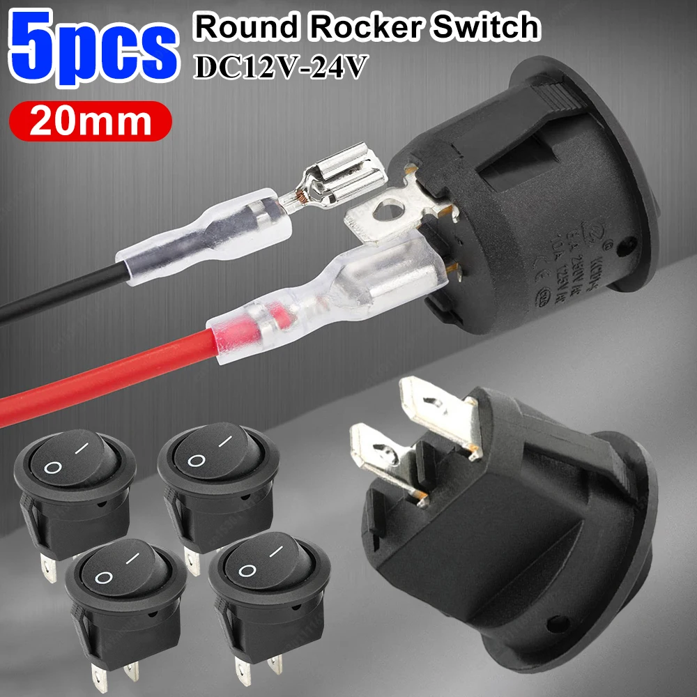 5pcs Car Round Rocker Switch with Terminal Cable ON Off 20mm DC12V-24V Toggle Switch for Car Automotive RV 2 Pin Wired