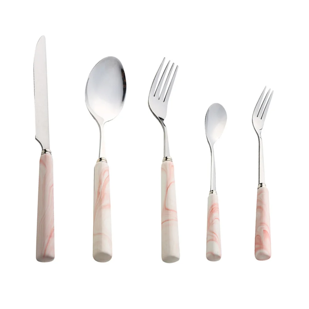 

5pcs Knife Fork Spoon Set Stainless Steel Marble Flatware Silver Pink Cutlery For Home Dining Travel Dinner Forks Spoon Fork Kit