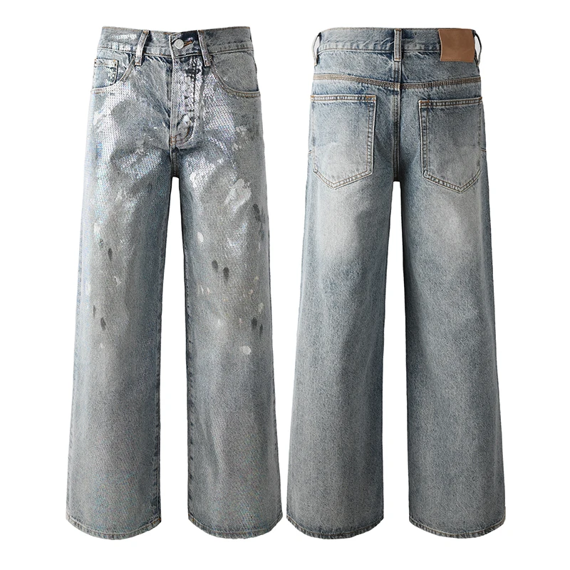 

Light Blue Jeans Men Women Daily Casual Loose Straight-leg Pants Coating Layer Prints Summer New Denim Trousers