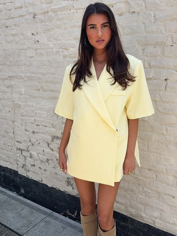 

Women Casual Short Sleeve Lapel Yellow Suit Jacket Chic Single Breasted Loose Basic Blazer Coat Summer New Lady Commute Coat