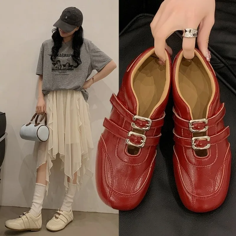 Fashion Women Round Toe Double Metal Buckle Flat Loafers Soft Faux Leather Casual Daily Commuter Walking Shoes Ladies Red Beige