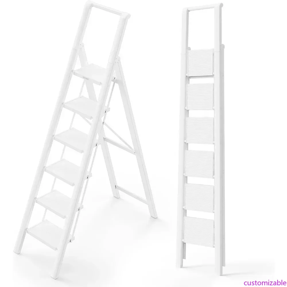 سلم ذو 6 درجات، سلالم خفيفة الوزن قابلة للطي مع دواسات واسعة، سلم نحيف للمساحات الضيقة، سلم طويل للسقف العالي مع