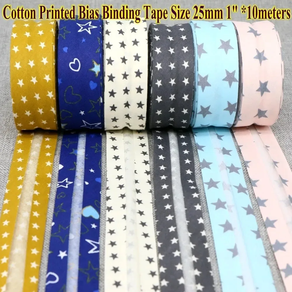 100% Cotton Printed Bias Binding Tape Stars & Flowers Welt Cloth Strip DIY Handmade Ribbon 25mm x 10meters