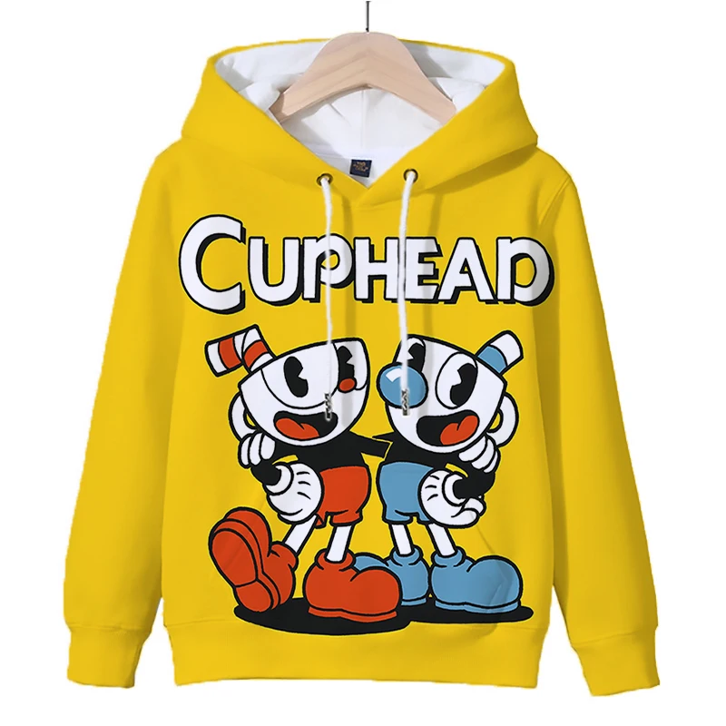 Funny Cuphead Mugman Print Hoodies Sweatshirts Autumn Winter Warm Tops Kids Clothes Casual Sportswear Boys Girls Hoody Pullovers