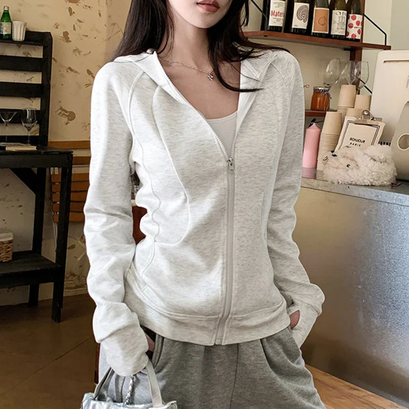 Casual Solid Zipped Hooded Sweatshirts Women Slim Fit Sports Hoodie with Pocket Woman Spring Long Sleeve Outerwear