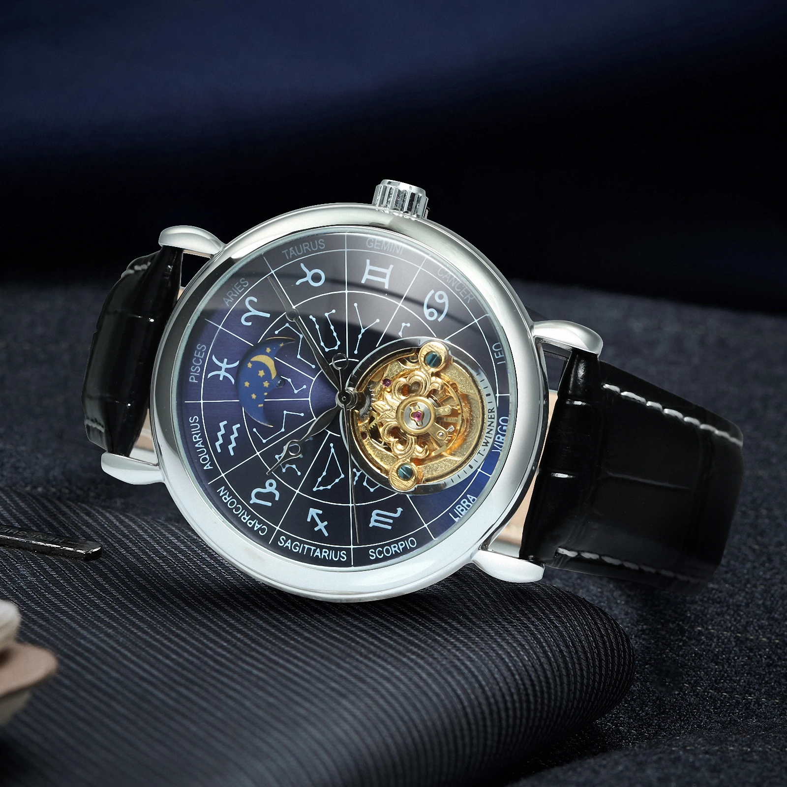 WINNER Fashion 12 Zodiac Constellations Astronomical Mechanical Watch for Men Luminous Luxury Automatic Watches Leather Strap