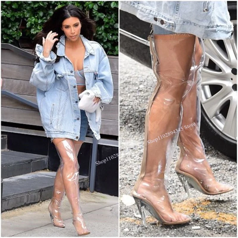 Clear PVC Over Knee High Boots Chunky Heel Pointed Toe Fashionable Cool Winter Casual Big Size Woman Shoes Zapatillas Mujer