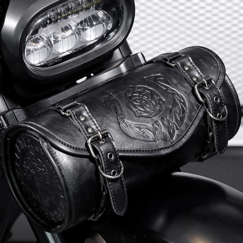 

D8KE Motorcycle Front Tool Bag Gothic Style Design PU Leather Construction Waterproof Storage Easy Installation
