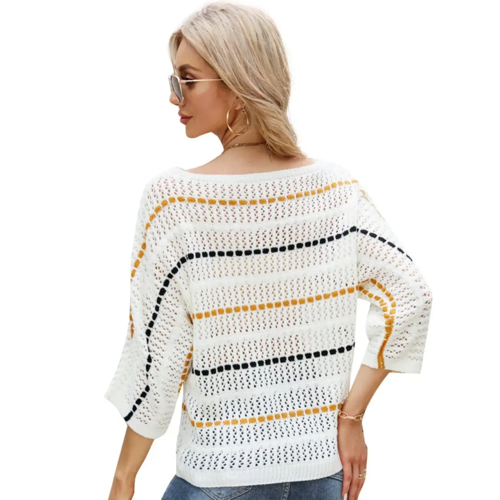 

Women's Elegant Striped Sweater Loose Fit Three-Quarter Sleeve Off-Neck Hollow-Out Knitted Blouse European American Style Top