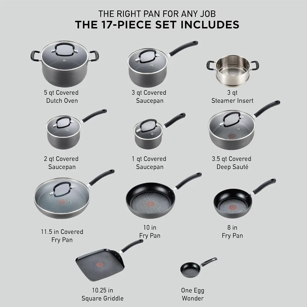 T-fal Ultimate Hard Anodized Nonstick Cookware Set 17 Piece, Oven Broiler Safe 400F, Lid Safe 350F, Kitchen Cooking Set w/ Fry