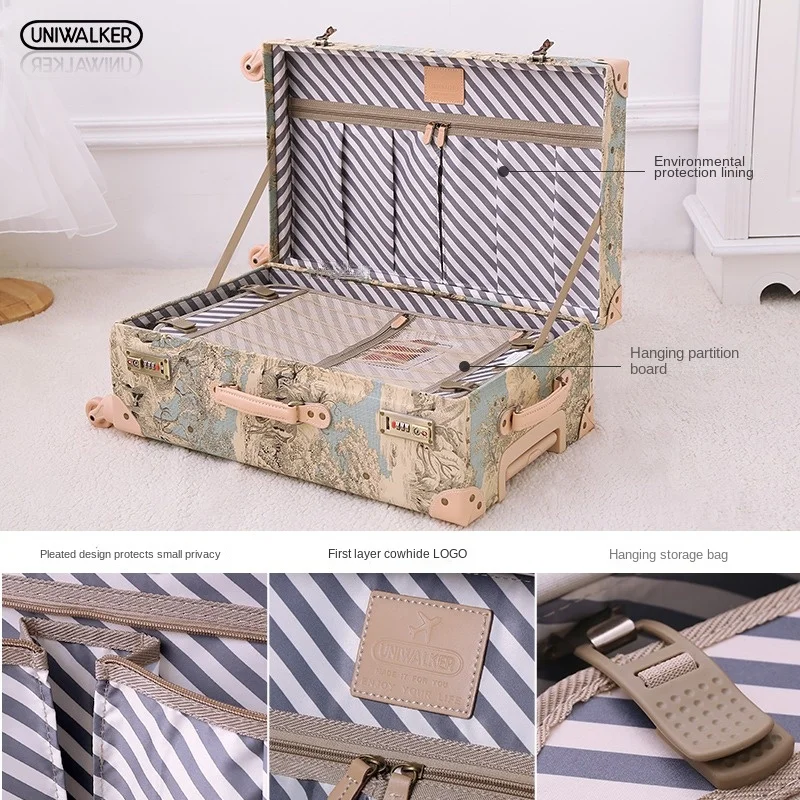 Vintage Suitcases on Wheels High Grade Spinner Rolling Luggage Retro Trolley Case Leather Floral Pattern Suitcase Set