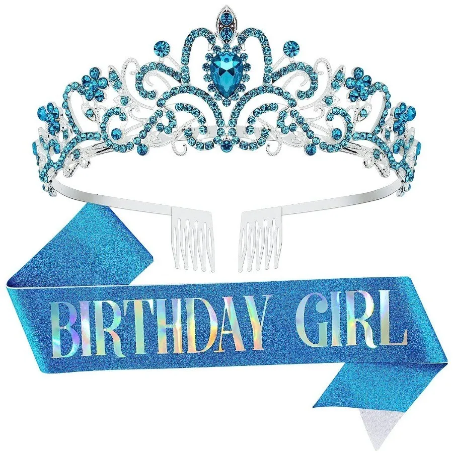 2-teiliges Set Glitzernde Strass-Kristall-Krone Tiara Geburtstagsmädchen Schärpe Krone für Frauen Mädchen Geburtstagsparty Dekorations-Set – Detail 8