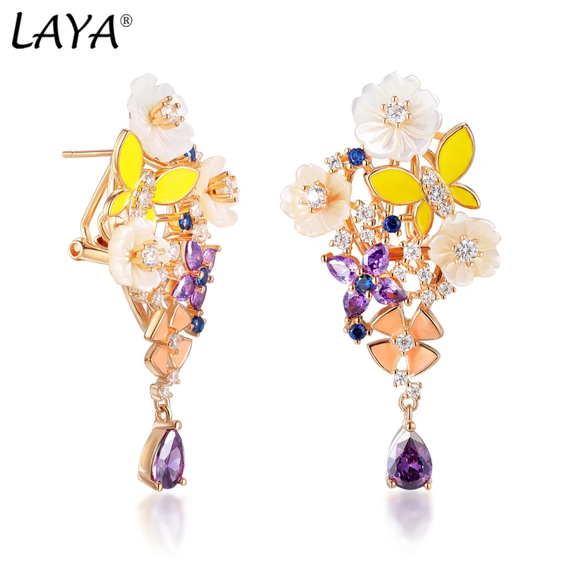 Laya925 Sterling Silver Purple zircon Drop Earrings For Lady Delicate Colorful Shell Flowers Handmade Enamel Trendy Fine Jewelry