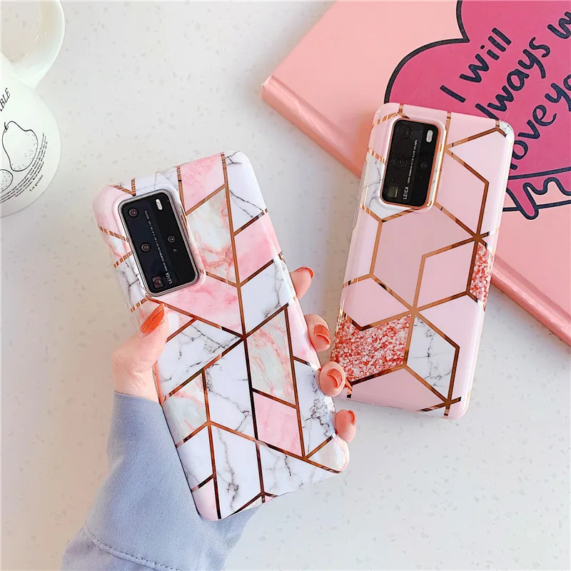 

10pcs Plating Geometric Marble Phone Case For Huawei P40 Pro P30 P20 Lite Pro Mate 30 20 Lite Glossy Soft IMD Phone Back Cover