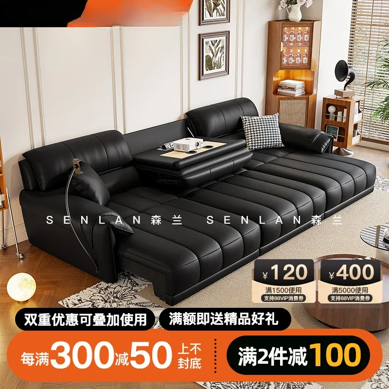 Electric function sofa bed Living room first layer cowhide size apartment Italian minimalist intelligent straight row leather so