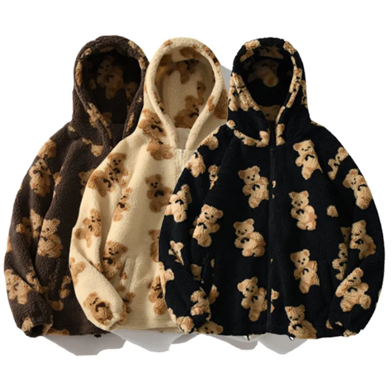 Otoño Invierno mujer Sudadera de lana con capucha estampado de oso de dibujos animados bolsillo con cremallera felpa Casual de felpa