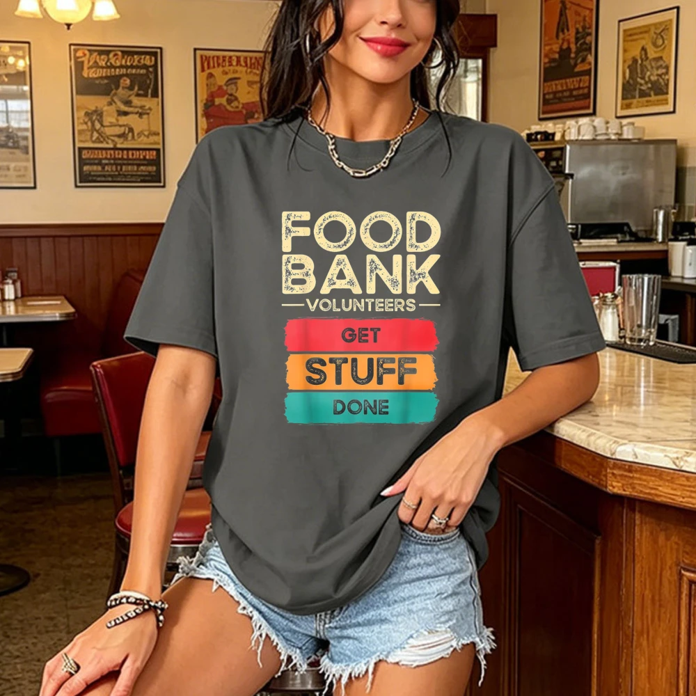 Food Bank Volunteers Get Stuff Done T Shirt Rainbow Stripes Short Sleeve Tees Casual Retro Style Unisex Breathable Summer Shirt