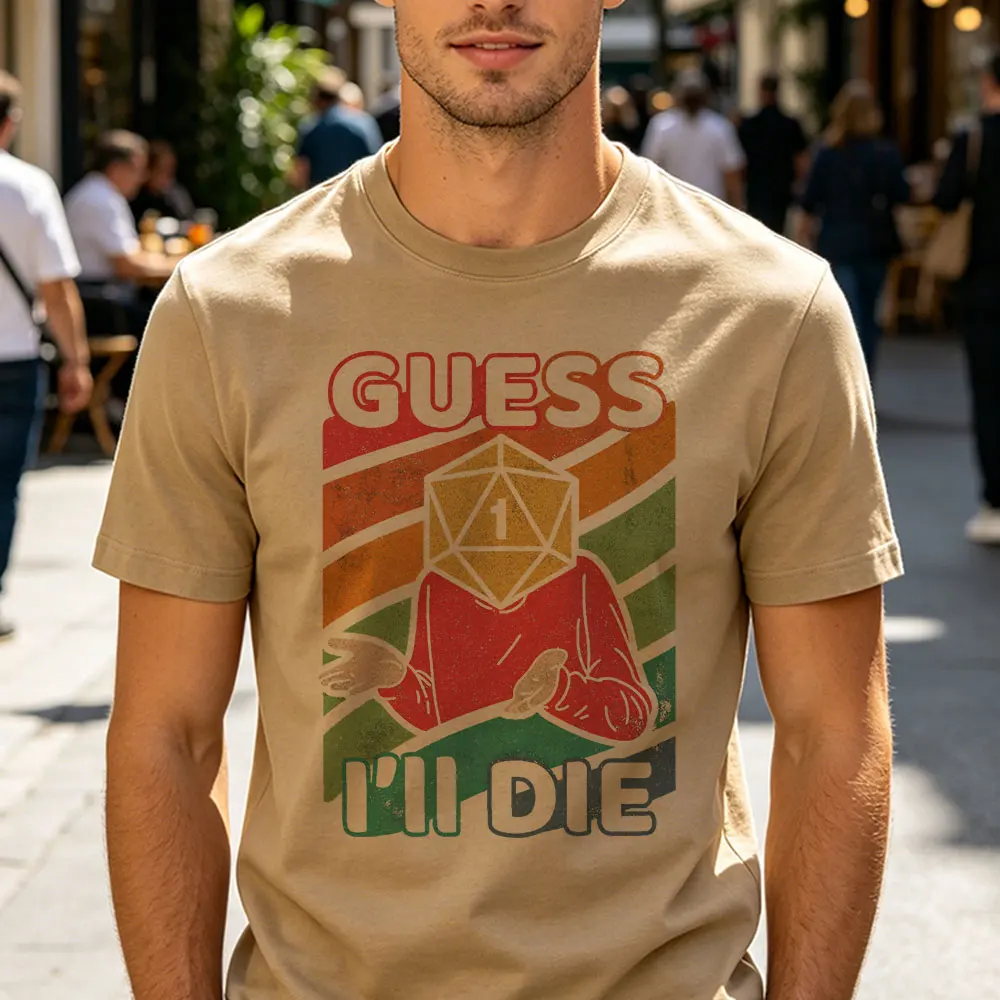 Camiseta Retro con Gráfico de Dados D20 de Guess I'll Die, para Jugadores de Juegos de Rol de Mesa, Casual, de Manga Corta, Vintage, con Rayas Arcoíris Desgastadas, Camiseta DND