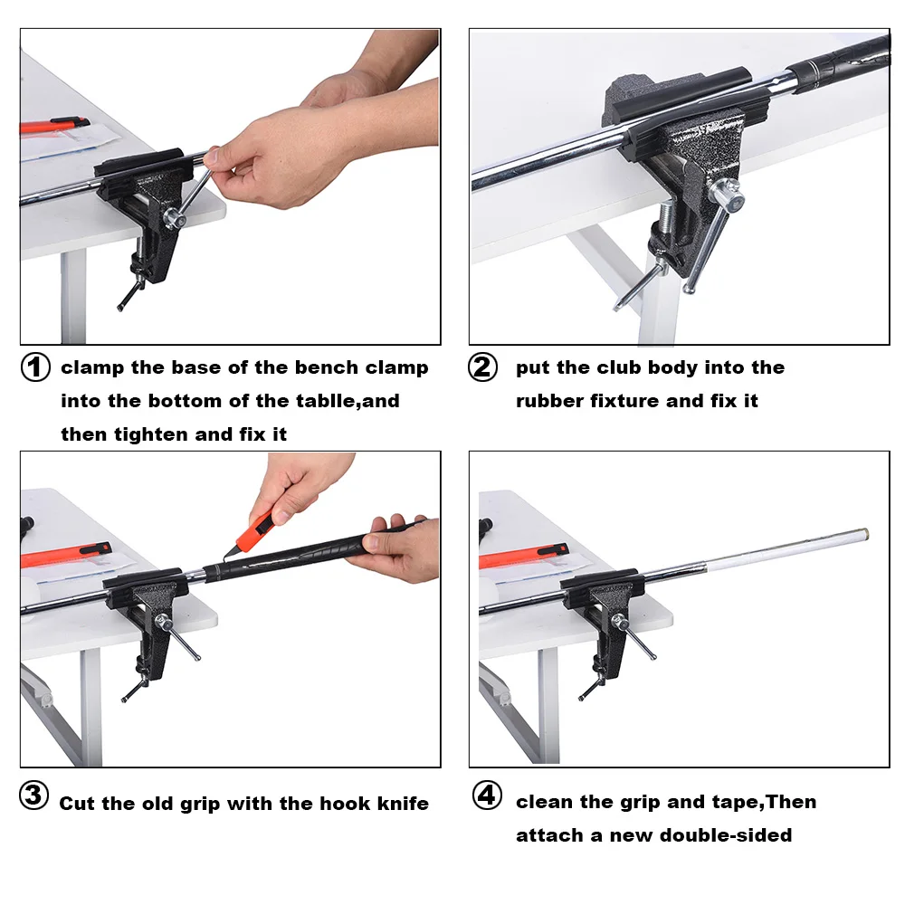 4Pcs/Set Golf Grip Replacement Tool Bench Vice, Rubber Clamp, Double-sided Tape, Hook Knife Golf Grip Replace Set