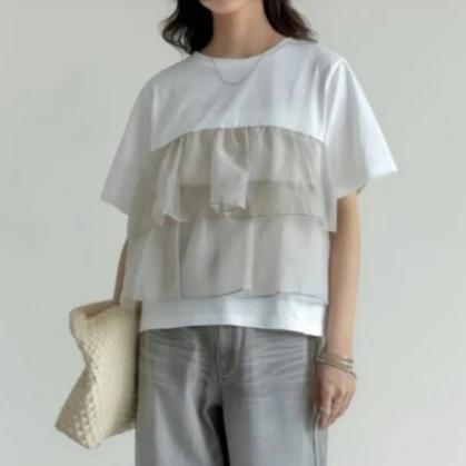 

mesh deco white tees women sweet girls ruffles mesh black tops