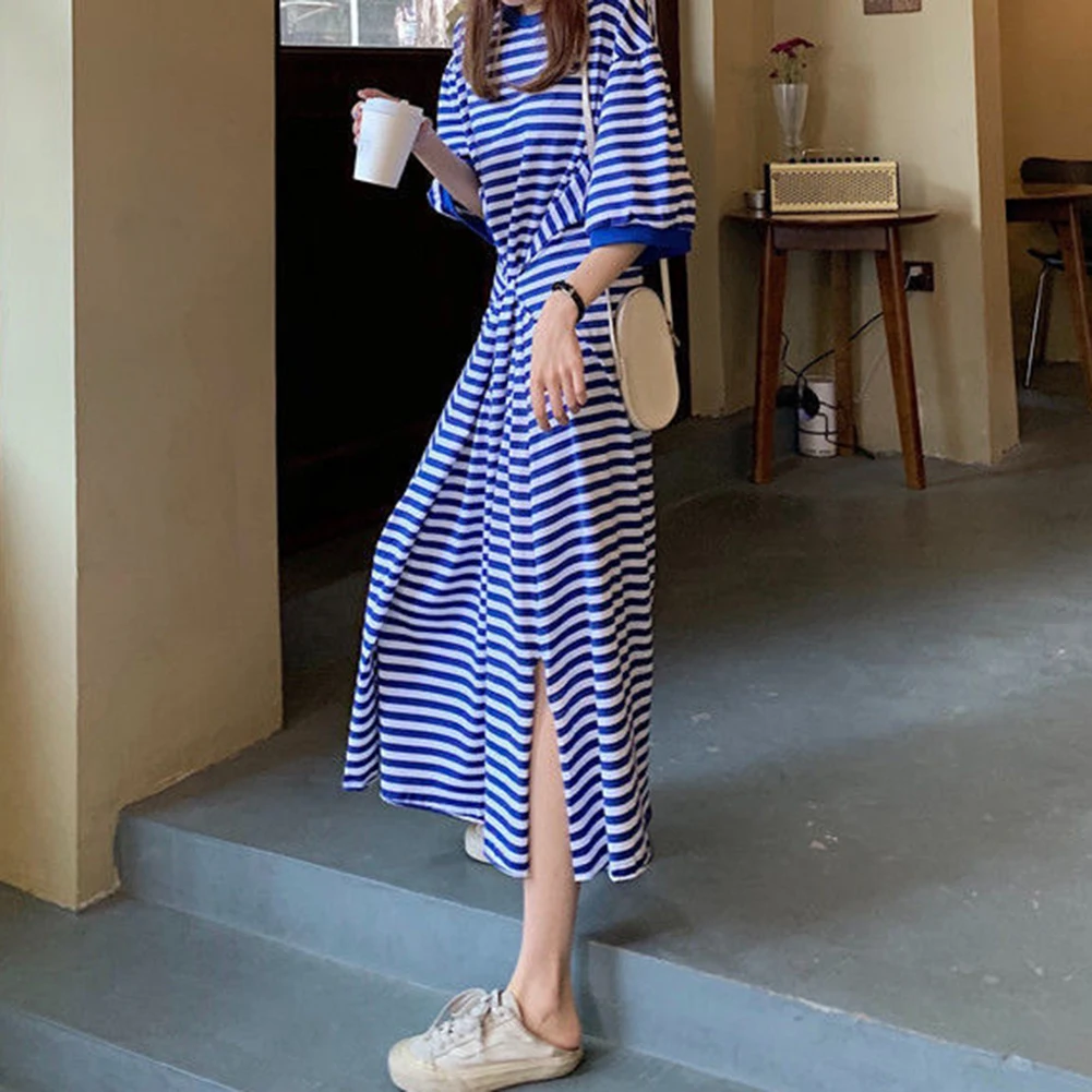 Robe T-Shirt rayée à manches courtes pour femmes, jupe ample, effet amincissant, taille coréenne, été