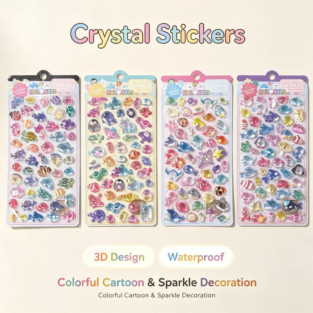 4Sheets Kawaii Ocean Animal Crystal Stickers, Cute Sea Creature 3D Epoxy Glossy Stickers forScrapbook Journal DIY Craft Decor