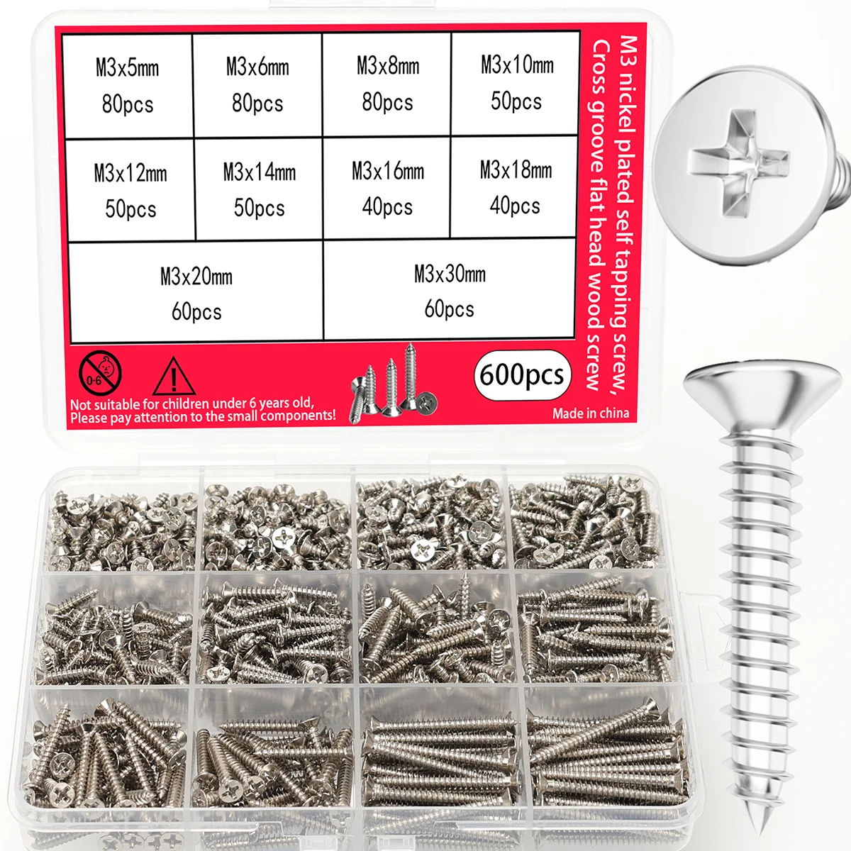 600pcs - M3 nickel-plated Phillips head self-tapping wood screw set, including Phillips self-tapping screws of various lengths.