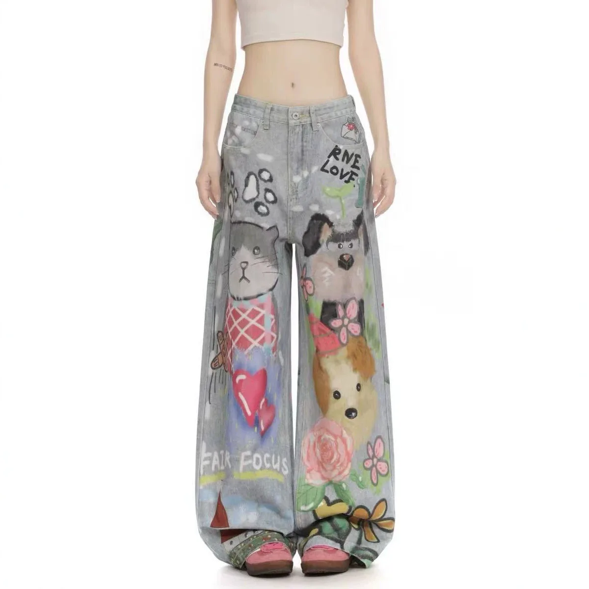 Men Women American Vintage Fun Cat Dog Hand‑Painted Graffiti Jeans, Loose Straight Wide‑Leg Long Denim Pants