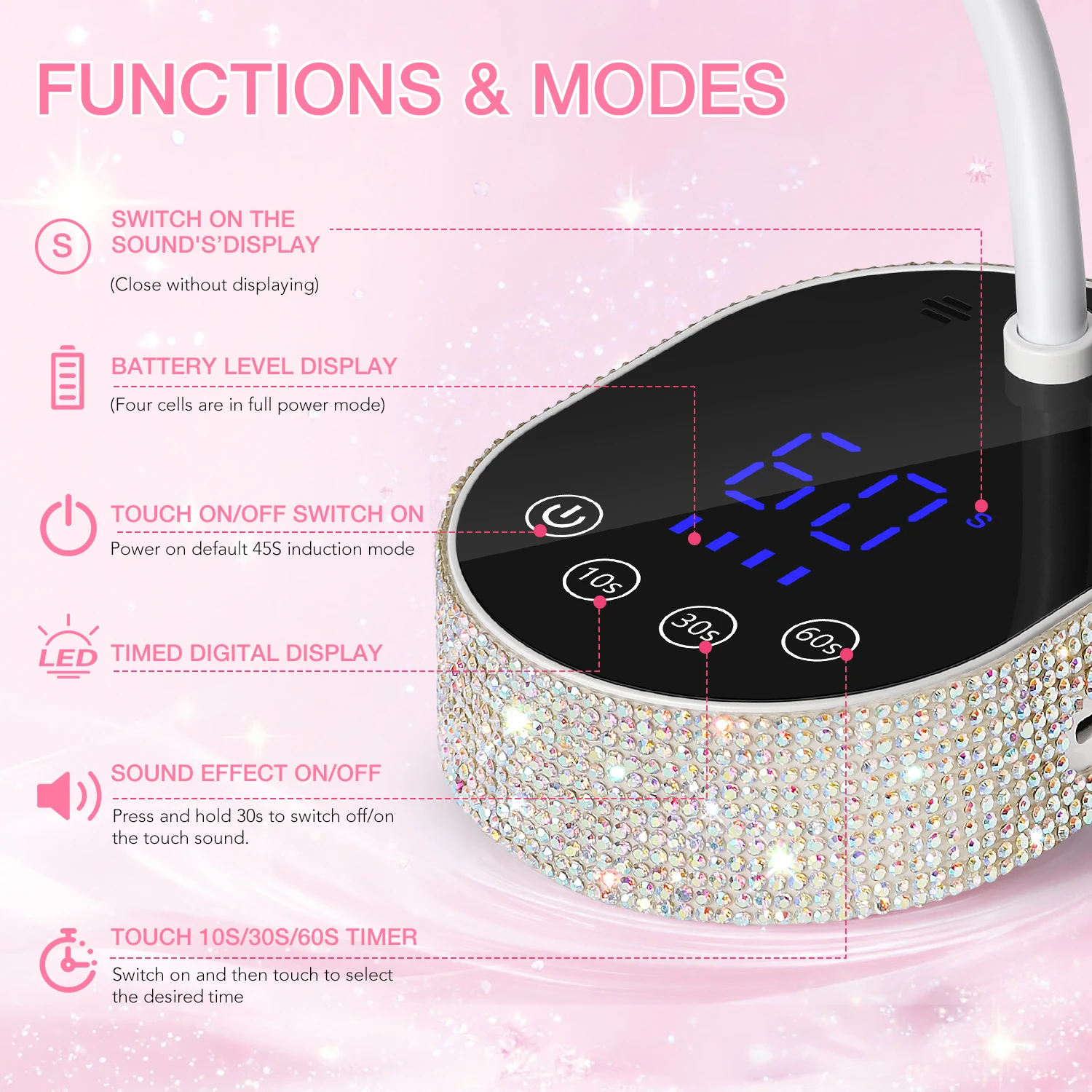 DianaBeauty Lampada per unghie a LED UV Asciugacapelli ricaricabile con strass argento con touch screen e 3 impostazioni timer Sensore automatico