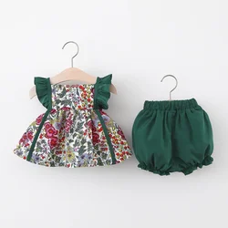 Girls Summer New Set Sleeveless Strap Fragmented Flower Top+PP Pants Two Piece Set Suitable for 0-3 Year Old Babies