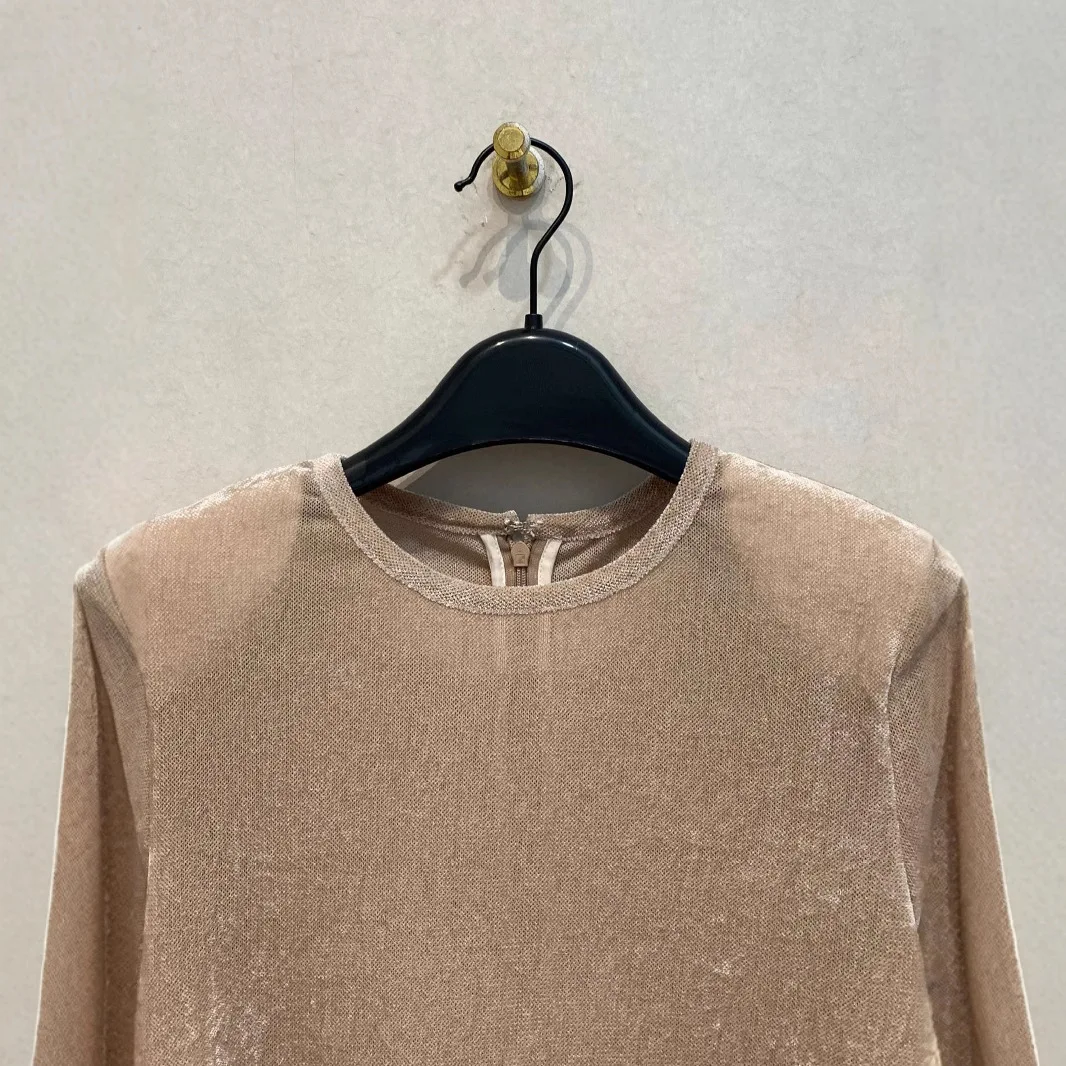 

Gagarich Japanese Spring Summer Nude Skin Velvet Texture Semi Transparent Mesh Elastic Top Looks Slim Fashion T-shirt Women