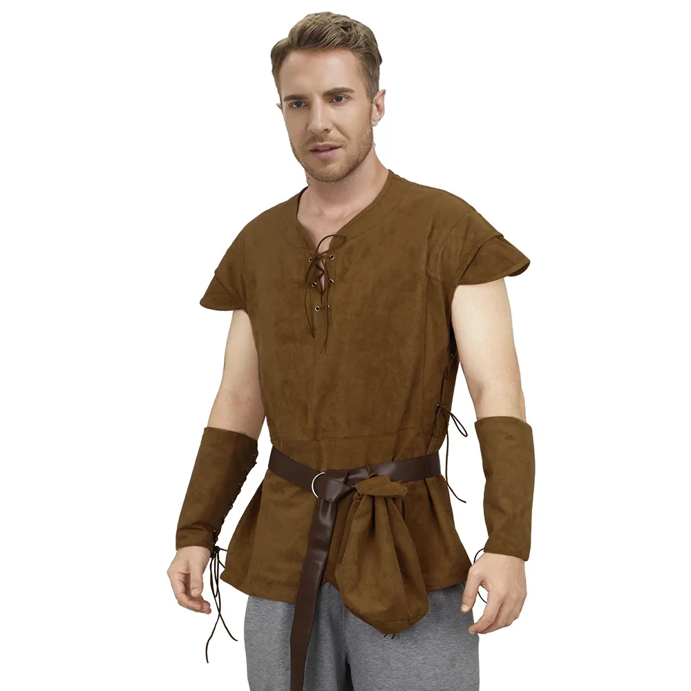 Men's Medieval Lace Up Tunic Shirt Renaissance Viking Pirate Costume Long Sleeve Retro Tops with Belt for Halloween Cosplay - view 5