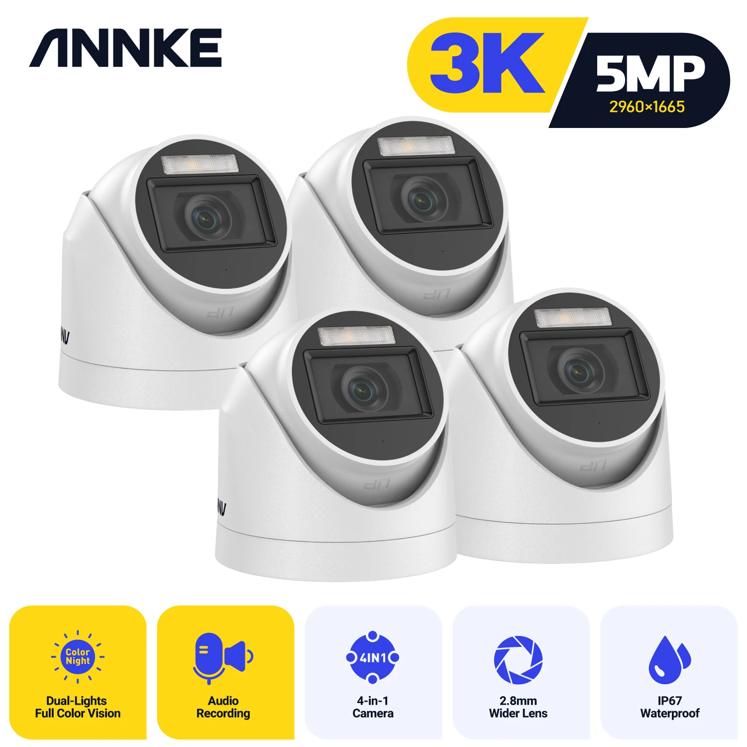 

ANNKE 4PCS 5MP Super HD Wired TVI Security PIR Camera With White Visual Light Alarm Outdoor Weatherproof PIR Detection CCTV Kit