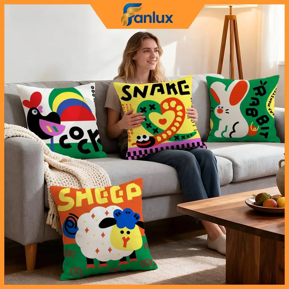 Pattern Chinese Zodiac Print Cushion Cover 4Pcs Decorative Covers Soft Cushion Case for Sofa Couch Decor 40x40 45x45 Pillowcases