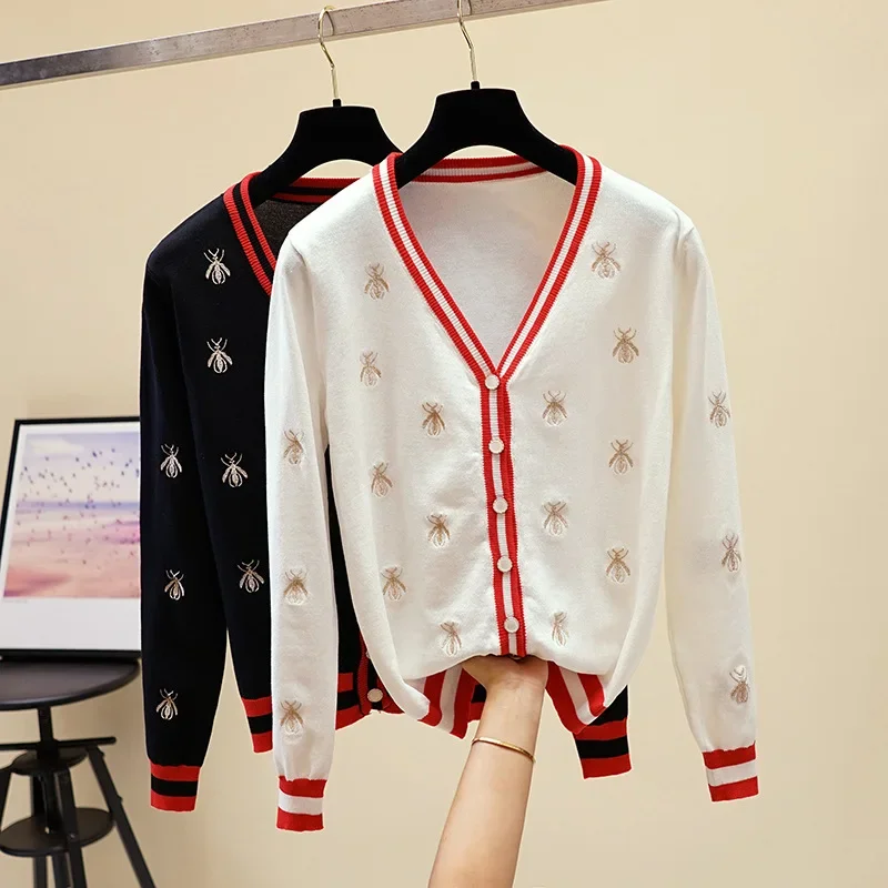 High Quality Fashion Designer Bee Embroidery Cardigan Long Sleeve Single Breasted Contrast Color Button Knitted Sweaters