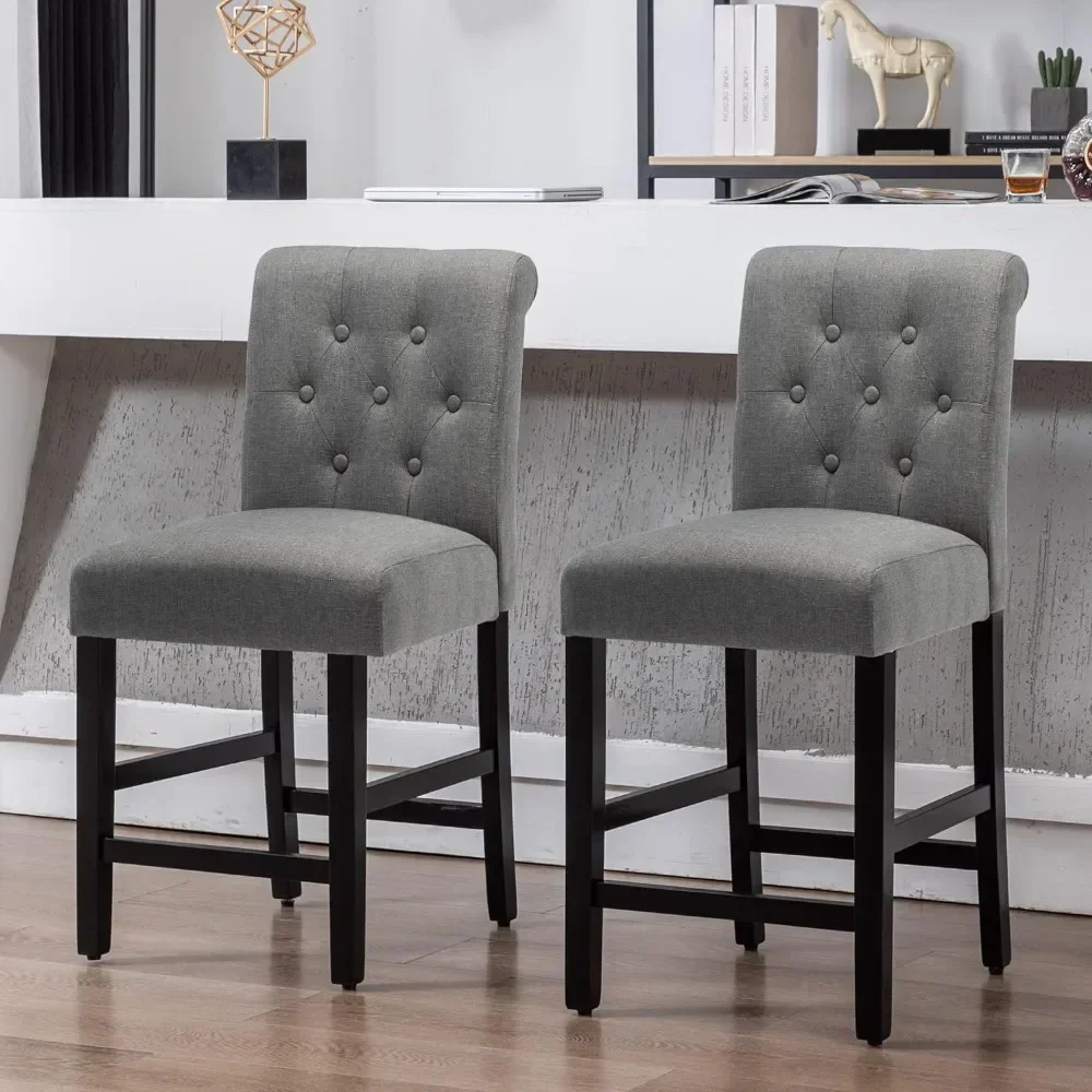 Set of 4 Fabric Barstool for Kitchen Island Upholstered Back Bar Chairs with Button Tufted Decoration Leisure Style (Grey)